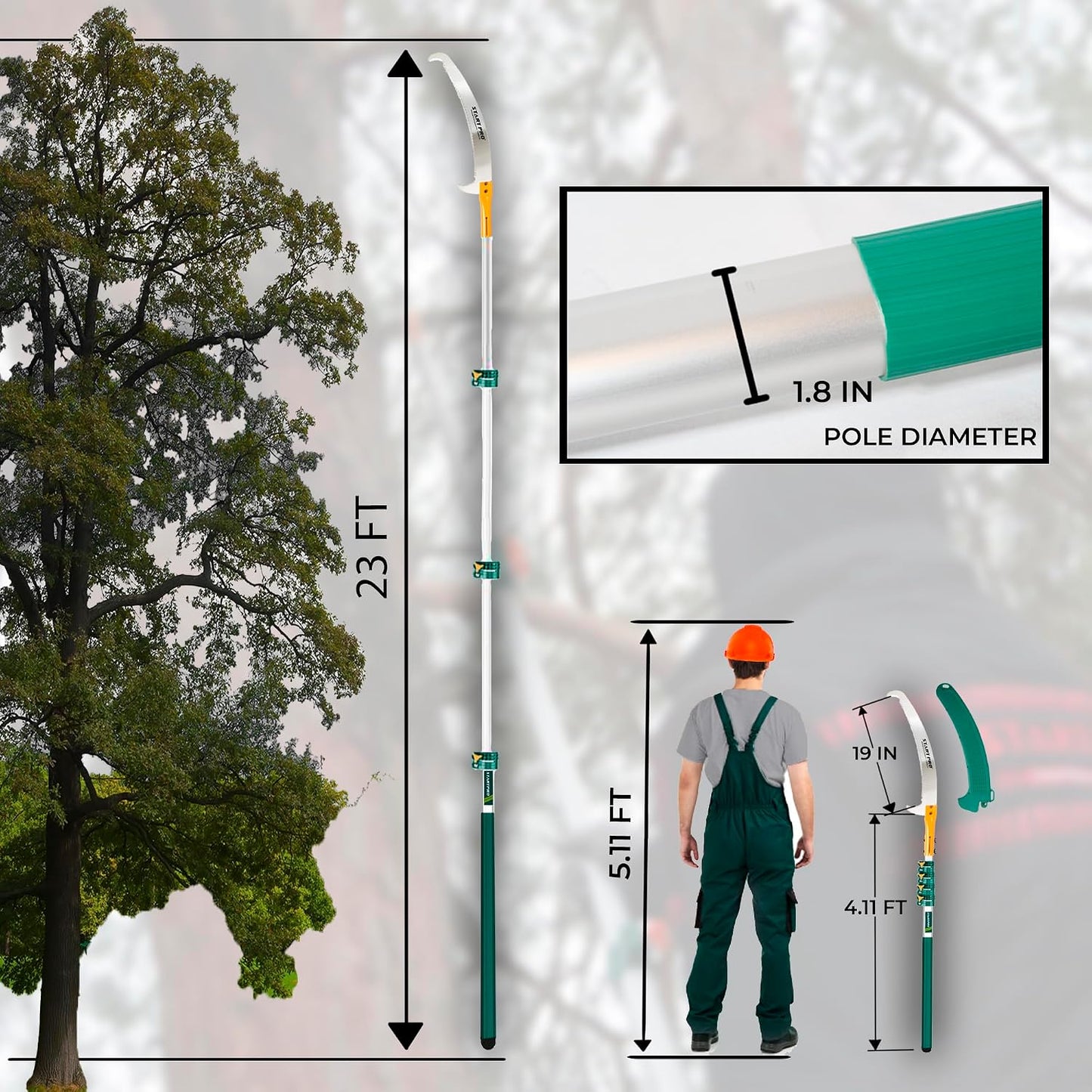 StartPro 23ft Reach Tree Pruning Saw, Telescopic, Manual, Lightweight, 18ft Extendable Pole Saw with Sharp Carbon-Enriched Blade for Efficient Tree Maintenance and High-Reach Branch Cutting.