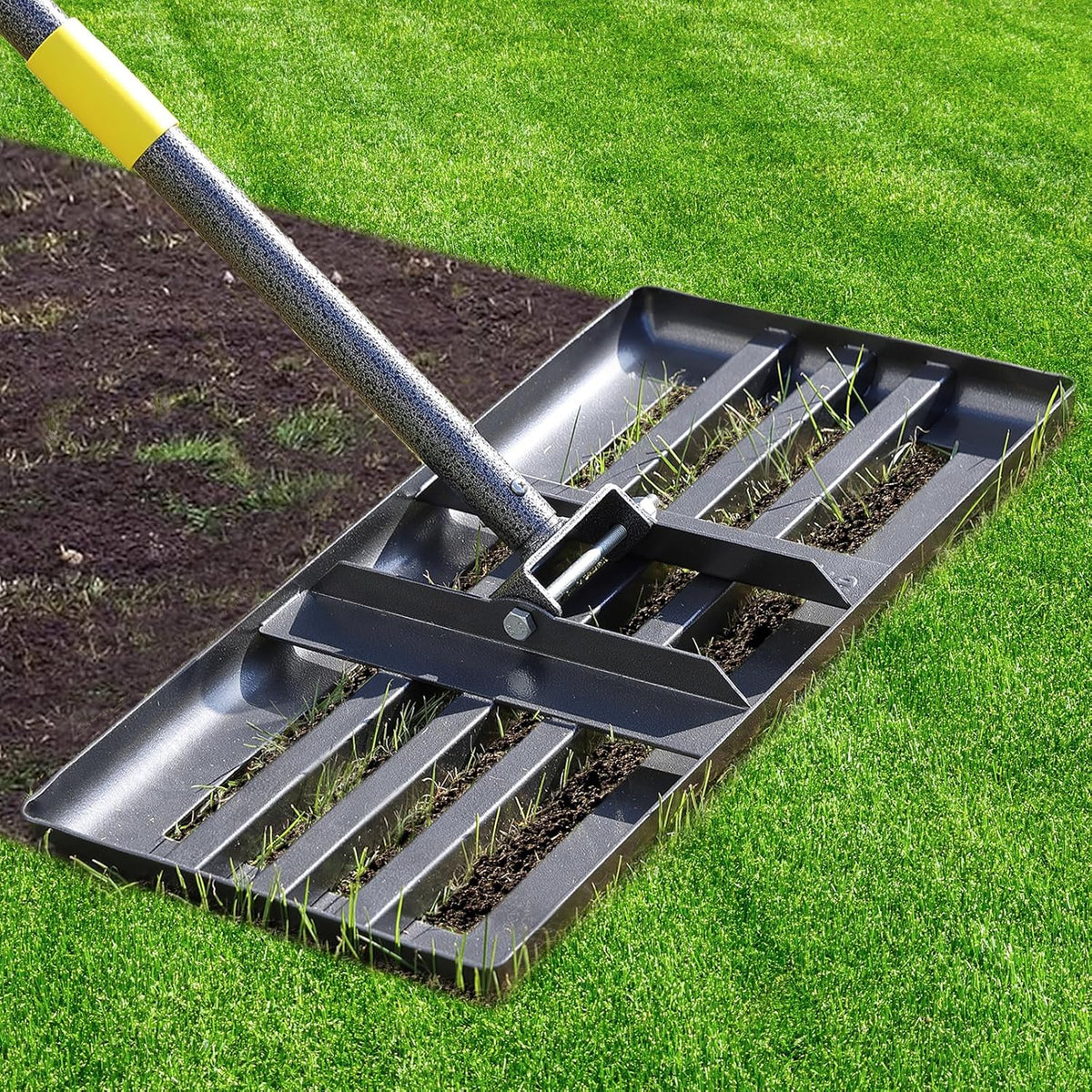 Lawn Leveling Rake - Heavy Duty 17"x10" Stainless Steel Leveler Plate,Reinforced Welds,28-60" Adjustable, Anti Flipping Smooth Edge,for Soil, Dirt,Ground,Backyard Top Dressing,Landscaping
