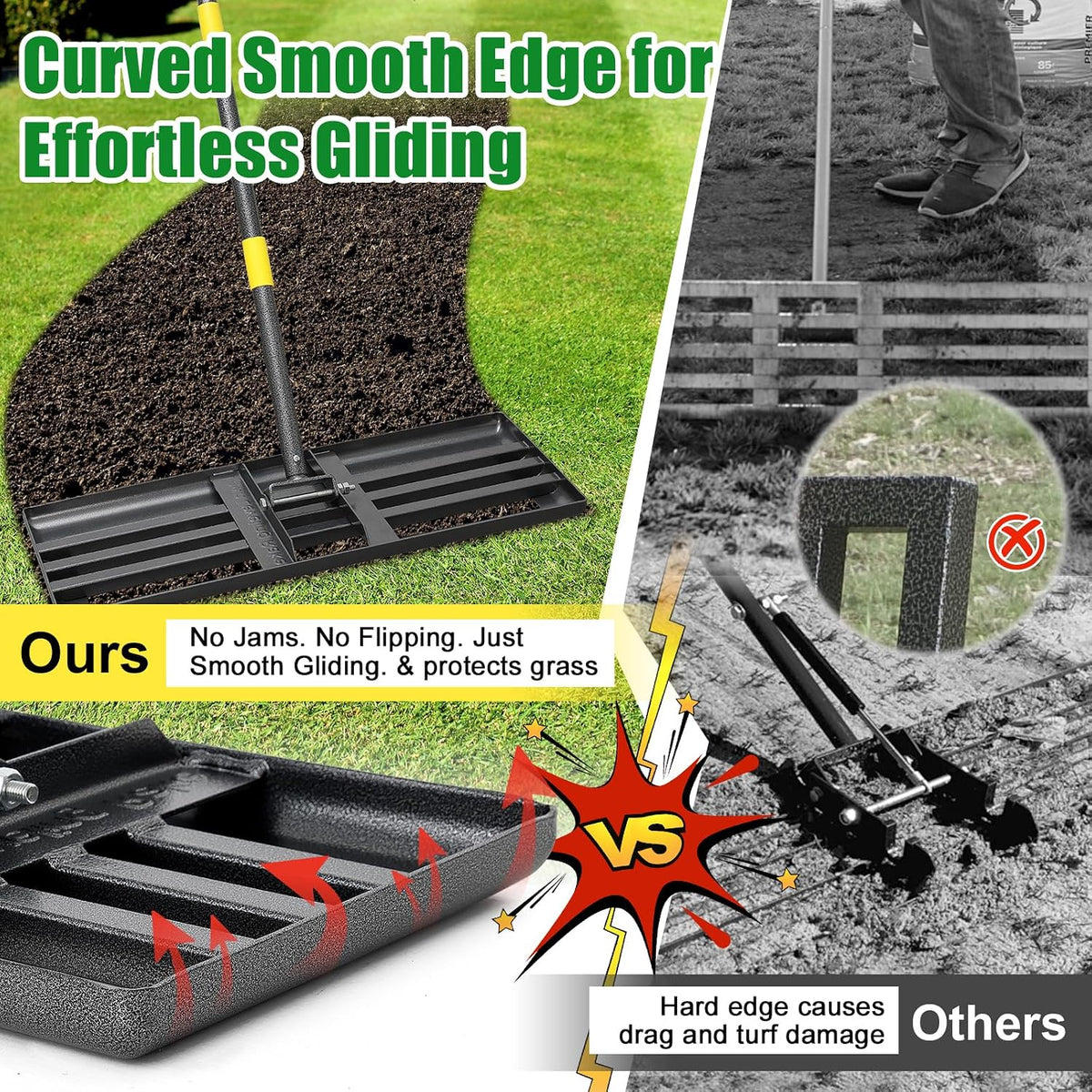 Lawn Leveling Rake - Heavy Duty 17"x10" Stainless Steel Leveler Plate,Reinforced Welds,28-60" Adjustable, Anti Flipping Smooth Edge,for Soil, Dirt,Ground,Backyard Top Dressing,Landscaping