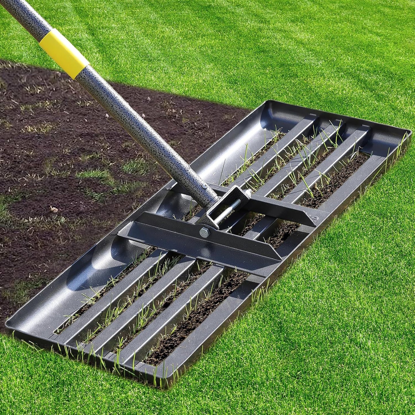 Lawn Leveling Rake - Heavy Duty 17"x10" Stainless Steel Leveler Plate,Reinforced Welds,28-60" Adjustable, Anti Flipping Smooth Edge,for Soil, Dirt,Ground,Backyard Top Dressing,Landscaping