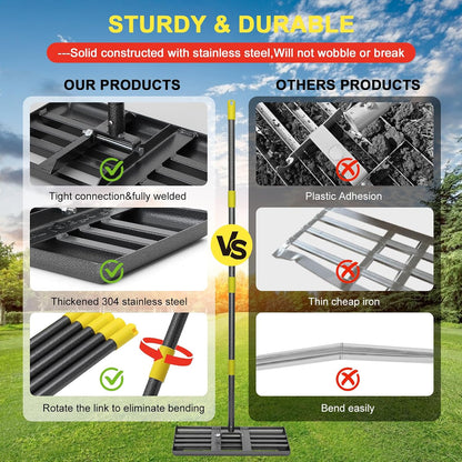 Lawn Leveling Rake - Heavy Duty 17"x10" Stainless Steel Leveler Plate,Reinforced Welds,28-60" Adjustable, Anti Flipping Smooth Edge,for Soil, Dirt,Ground,Backyard Top Dressing,Landscaping