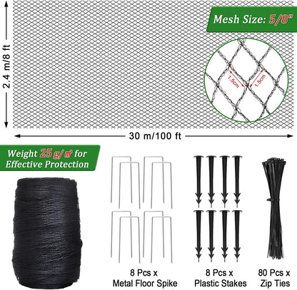 Bird Netting for Garden,8 X 65 Ft Reusable Protective Garden Netting Cover for Plants Fruit Trees Vegetables, 5/8in Mesh Heavy Duty Poultry Fence Animal Barrier with Ties and Staples