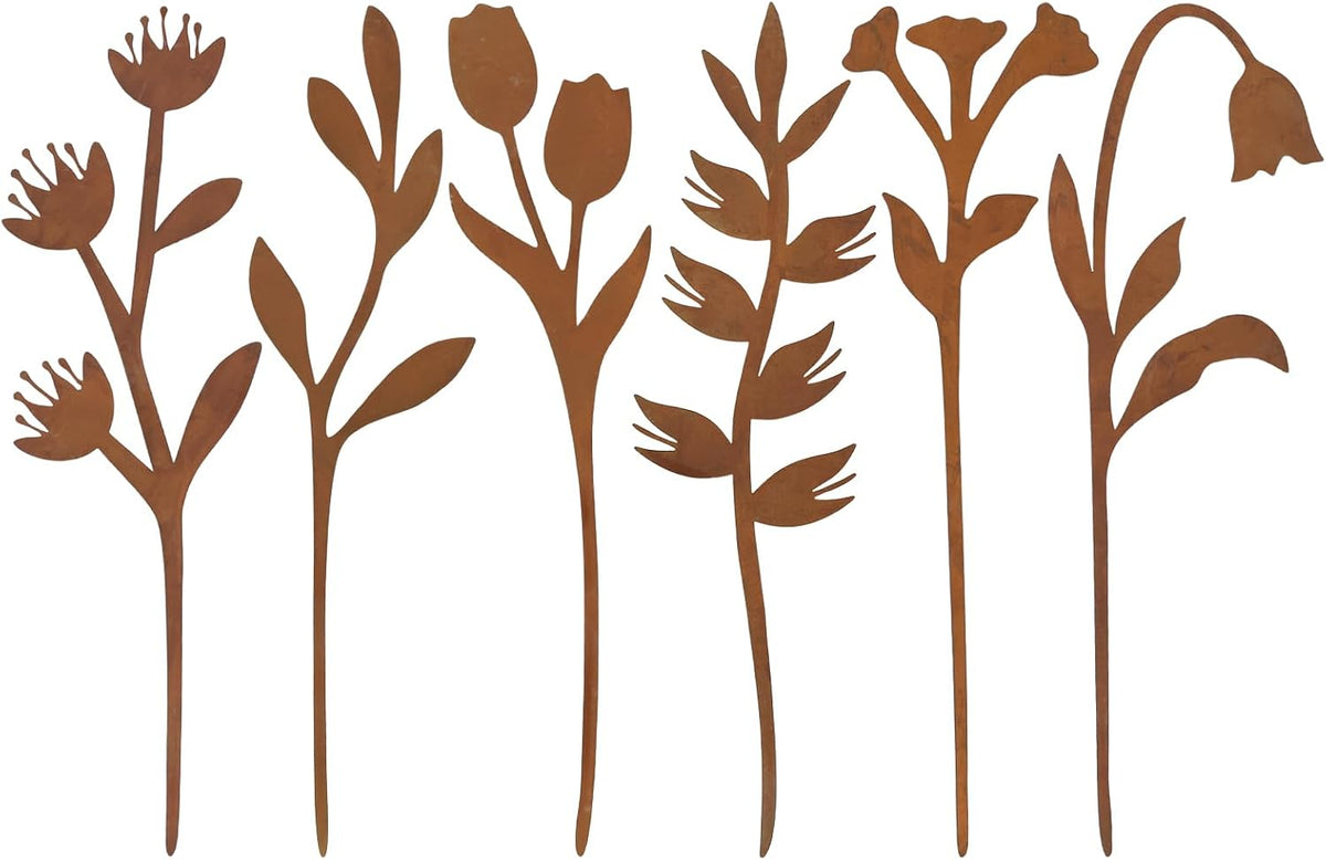 Garden Decor for Outside, 6 Pcs Rusty Metal Flower Garden Stakes with Fern Leaf Design for Outdoor Yard Art, Rustic Plant Stakes for Flower Bed, Pot, Vase