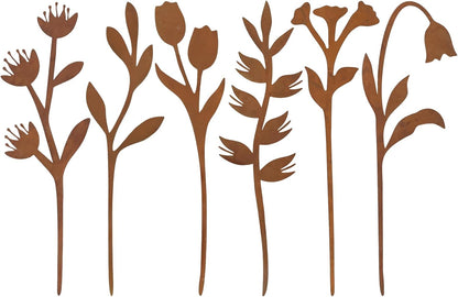 Garden Decor for Outside, 6 Pcs Rusty Metal Flower Garden Stakes with Fern Leaf Design for Outdoor Yard Art, Rustic Plant Stakes for Flower Bed, Pot, Vase