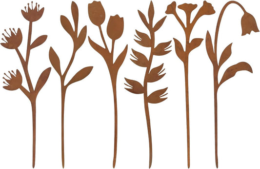 Garden Decor for Outside, 6 Pcs Rusty Metal Flower Garden Stakes with Fern Leaf Design for Outdoor Yard Art, Rustic Plant Stakes for Flower Bed, Pot, Vase