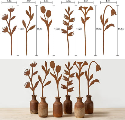 Garden Decor for Outside, 6 Pcs Rusty Metal Flower Garden Stakes with Fern Leaf Design for Outdoor Yard Art, Rustic Plant Stakes for Flower Bed, Pot, Vase