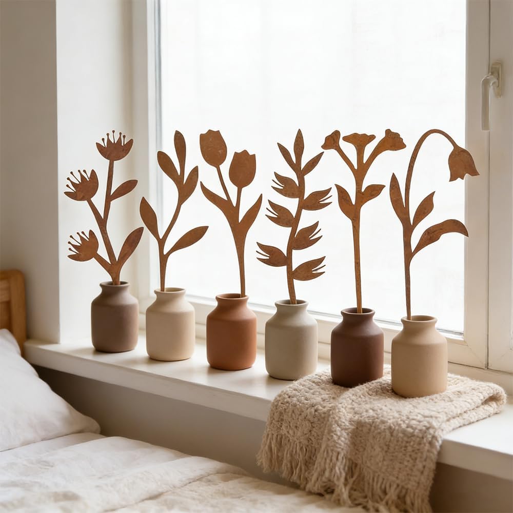 Garden Decor for Outside, 6 Pcs Rusty Metal Flower Garden Stakes with Fern Leaf Design for Outdoor Yard Art, Rustic Plant Stakes for Flower Bed, Pot, Vase