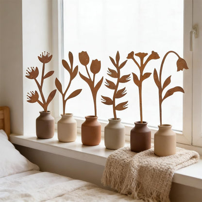 Garden Decor for Outside, 6 Pcs Rusty Metal Flower Garden Stakes with Fern Leaf Design for Outdoor Yard Art, Rustic Plant Stakes for Flower Bed, Pot, Vase