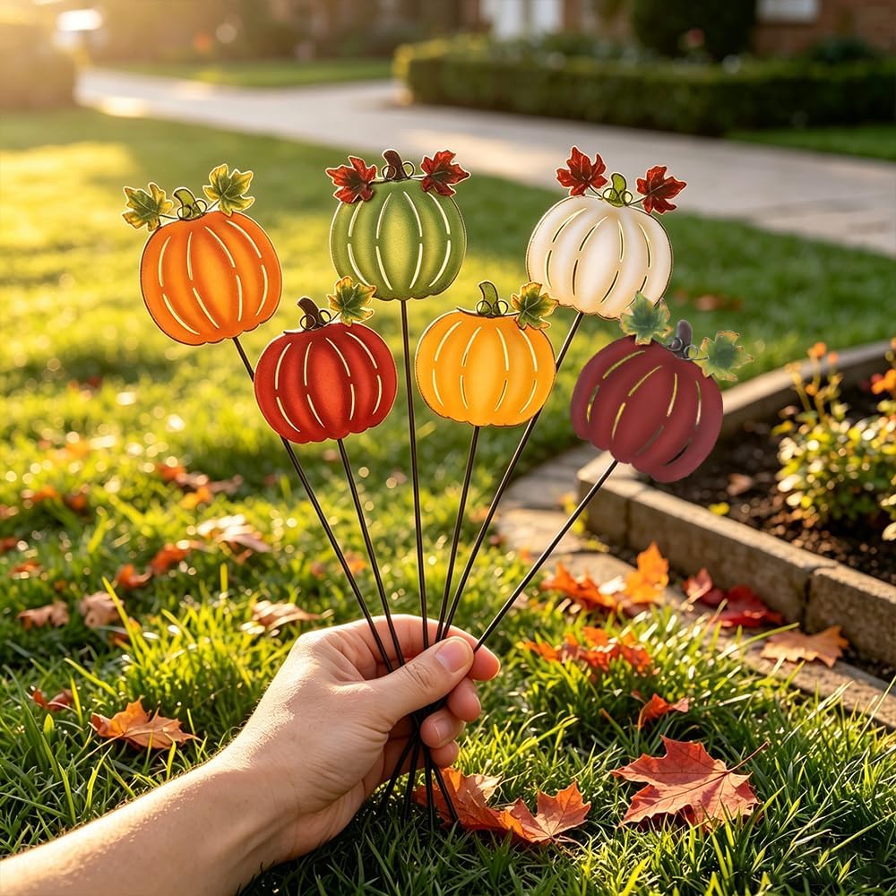 Garden Decor for Outside, 6 Pcs Rusty Metal Flower Garden Stakes with Fern Leaf Design for Outdoor Yard Art, Rustic Plant Stakes for Flower Bed, Pot, Vase