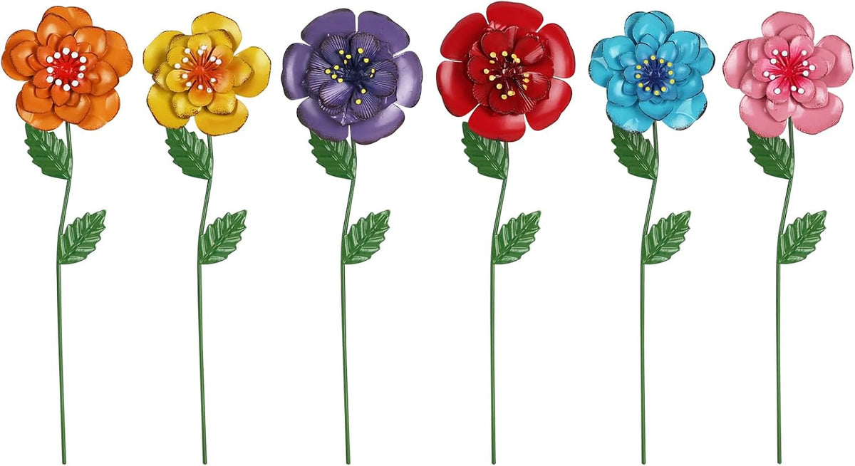 Garden Decor for Outside, 6 Pcs Rusty Metal Flower Garden Stakes with Fern Leaf Design for Outdoor Yard Art, Rustic Plant Stakes for Flower Bed, Pot, Vase