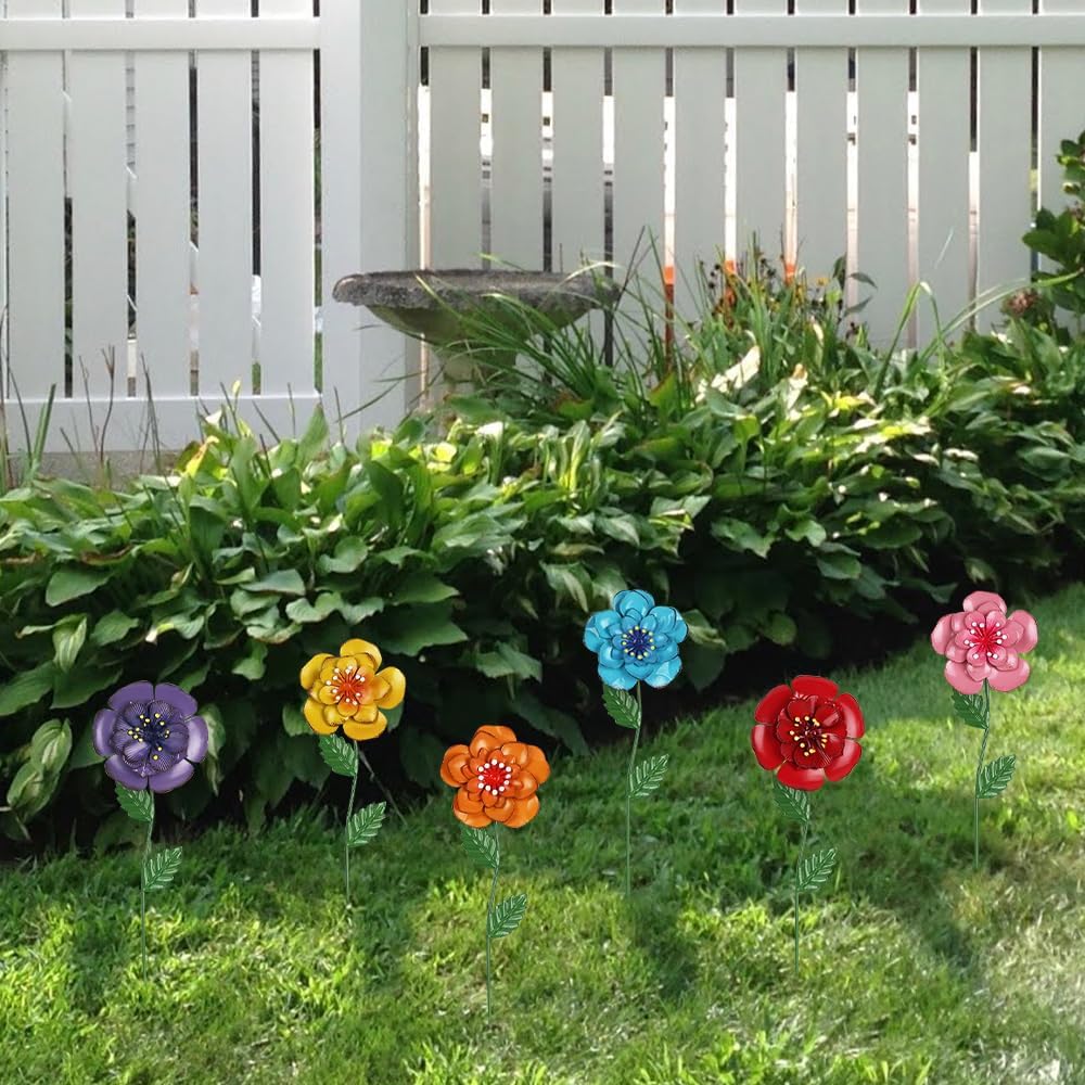 Garden Decor for Outside, 6 Pcs Rusty Metal Flower Garden Stakes with Fern Leaf Design for Outdoor Yard Art, Rustic Plant Stakes for Flower Bed, Pot, Vase
