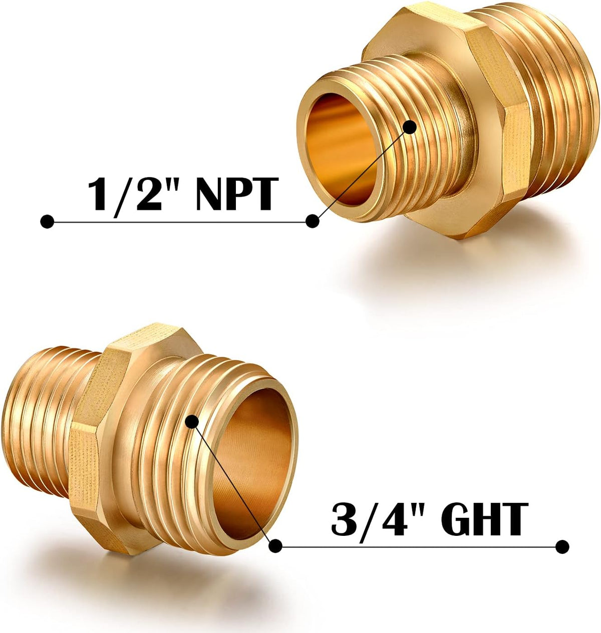 Garden Hose Fittings Connectors Adapter Solid brass Brass Repair Male faucet leader coupler dual water hose connector(3/4" GHT Male to 1/2" NPT Male) (6-Pcs)