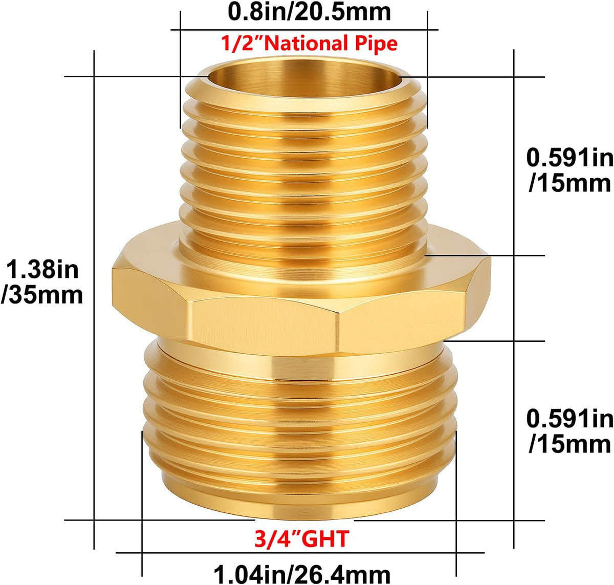 Garden Hose Fittings Connectors Adapter Solid brass Brass Repair Male faucet leader coupler dual water hose connector(3/4" GHT Male to 1/2" NPT Male) (6-Pcs)