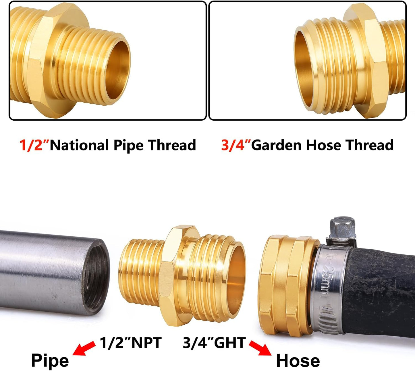Garden Hose Fittings Connectors Adapter Solid brass Brass Repair Male faucet leader coupler dual water hose connector(3/4" GHT Male to 1/2" NPT Male) (6-Pcs)