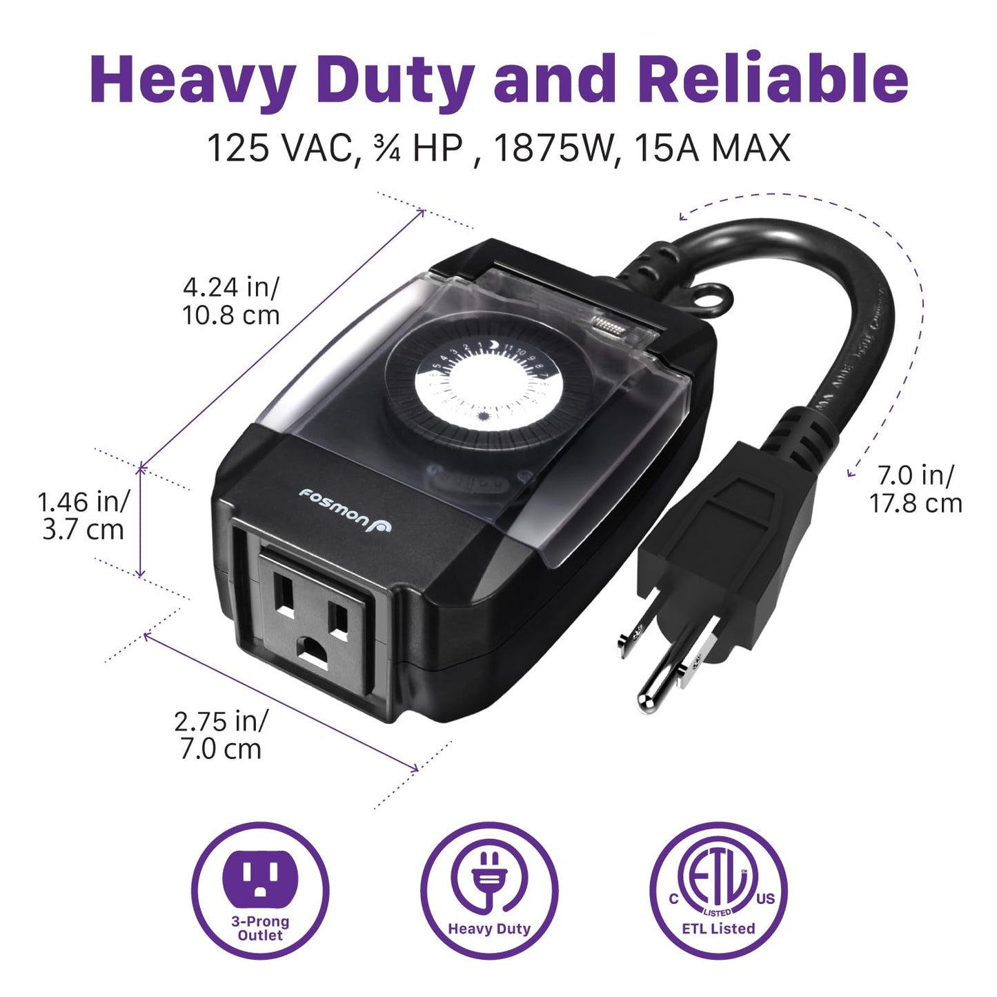 Outdoor Light Timer Outlet Waterproof, 24 Hour Plug in Mechanical Pool Pump Timer Weatherproof, 3-Prong, Grounded, Heavy Duty, 15A 1/2HP