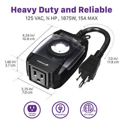 Outdoor Light Timer Outlet Waterproof, 24 Hour Plug in Mechanical Pool Pump Timer Weatherproof, 3-Prong, Grounded, Heavy Duty, 15A 1/2HP