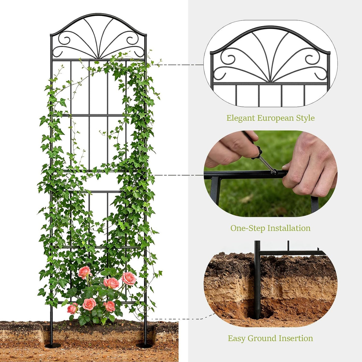 Metal Trellis for Climbing Plants Outdoor, 60 * 19.7 Inch Tall Garden Trellis with Black Rustproof Coating, Decorative Rose Trellis for Climbing Roses, Vines, and Flowers, 2 Pack