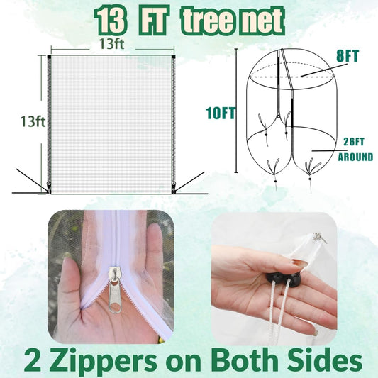 1 Pack 13x13ft Extra Large Fruit Tree Netting with Double Zipper & Double Drawstring, Heavy Duty Bird Netting for Fruit Trees, Reusable Tree Net to Protect from Birds, Squirrels, Deer