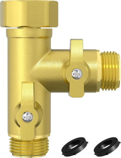High Flow Solid Metal 2 Way ├ Type Garden Hose Splitter with Shut-Off Valves, 360 Degree Rotation 3/4" Spigot Faucet Connectors with 2 Extra Silicone Washers(Golden)