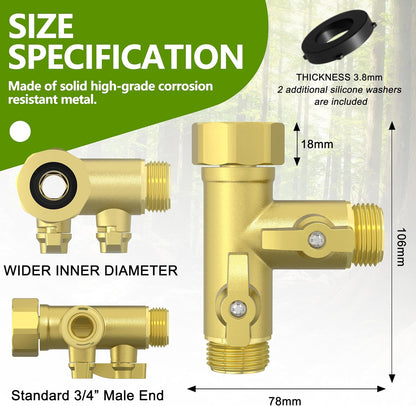 High Flow Solid Metal 2 Way ├ Type Garden Hose Splitter with Shut-Off Valves, 360 Degree Rotation 3/4" Spigot Faucet Connectors with 2 Extra Silicone Washers(Golden)
