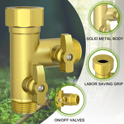 High Flow Solid Metal 2 Way ├ Type Garden Hose Splitter with Shut-Off Valves, 360 Degree Rotation 3/4" Spigot Faucet Connectors with 2 Extra Silicone Washers(Golden)
