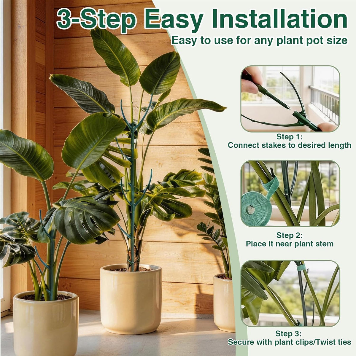 6 Pack Stackable Plant Support Stakes, 43inch Climbing Plant Sticks Structures for Monstera with Garden Ties, Durable Alternative to Moss Pole for Indoor Outdoor Plants