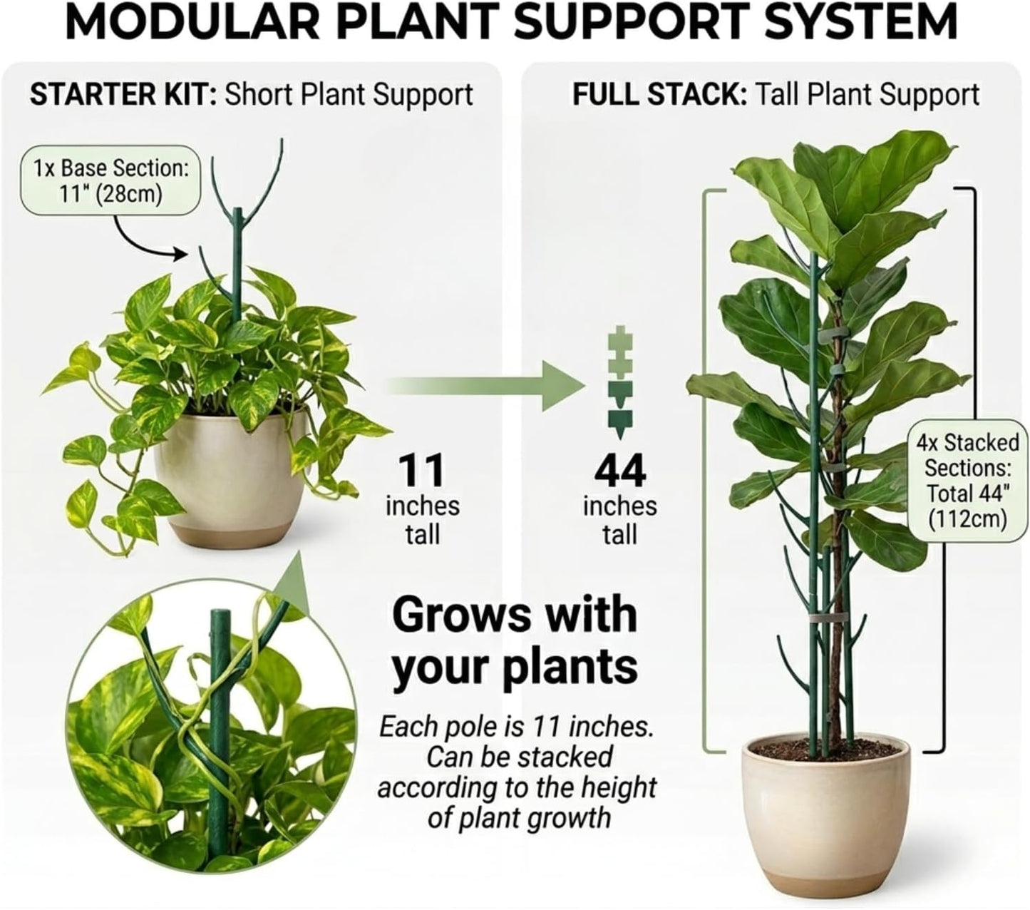 6 Pack Stackable Plant Support Stakes, 43inch Climbing Plant Sticks Structures for Monstera with Garden Ties, Durable Alternative to Moss Pole for Indoor Outdoor Plants