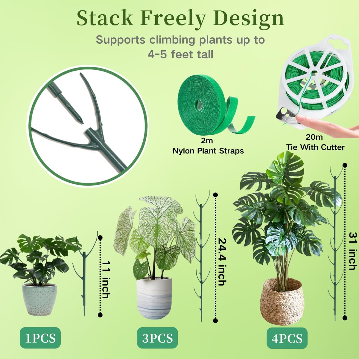 6 Pack Stackable Plant Support Stakes, 43inch Climbing Plant Sticks Structures for Monstera with Garden Ties, Durable Alternative to Moss Pole for Indoor Outdoor Plants