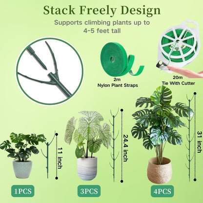 6 Pack Stackable Plant Support Stakes, 43inch Climbing Plant Sticks Structures for Monstera with Garden Ties, Durable Alternative to Moss Pole for Indoor Outdoor Plants
