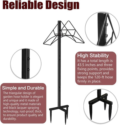 Outdoor Garden Freestanding Hose Holder Stand, Heavy Duty Metal Water Pipe Storage Rack Stake for Backyard, Black