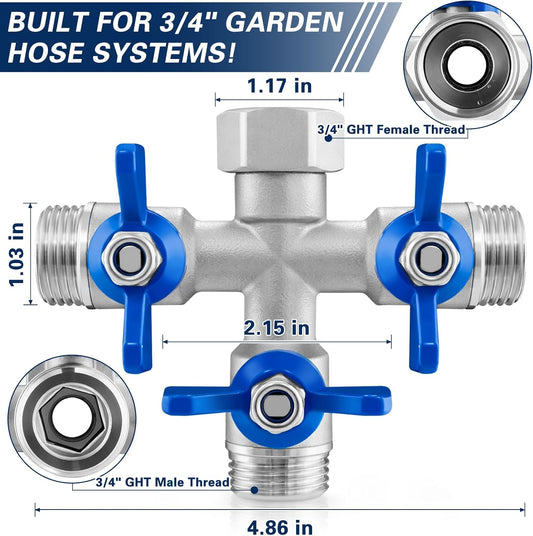304 Stainless Steel 3 Way Garden Hose Splitter, Heavy Duty Hose Splitter with 3 Shut-Off Valves, 3/4" GHT Outdoor Faucet Hose Adapter, Full Flow Water Hose Connector