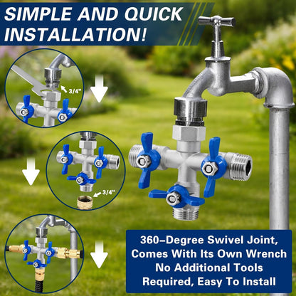 304 Stainless Steel 3 Way Garden Hose Splitter, Heavy Duty Hose Splitter with 3 Shut-Off Valves, 3/4" GHT Outdoor Faucet Hose Adapter, Full Flow Water Hose Connector