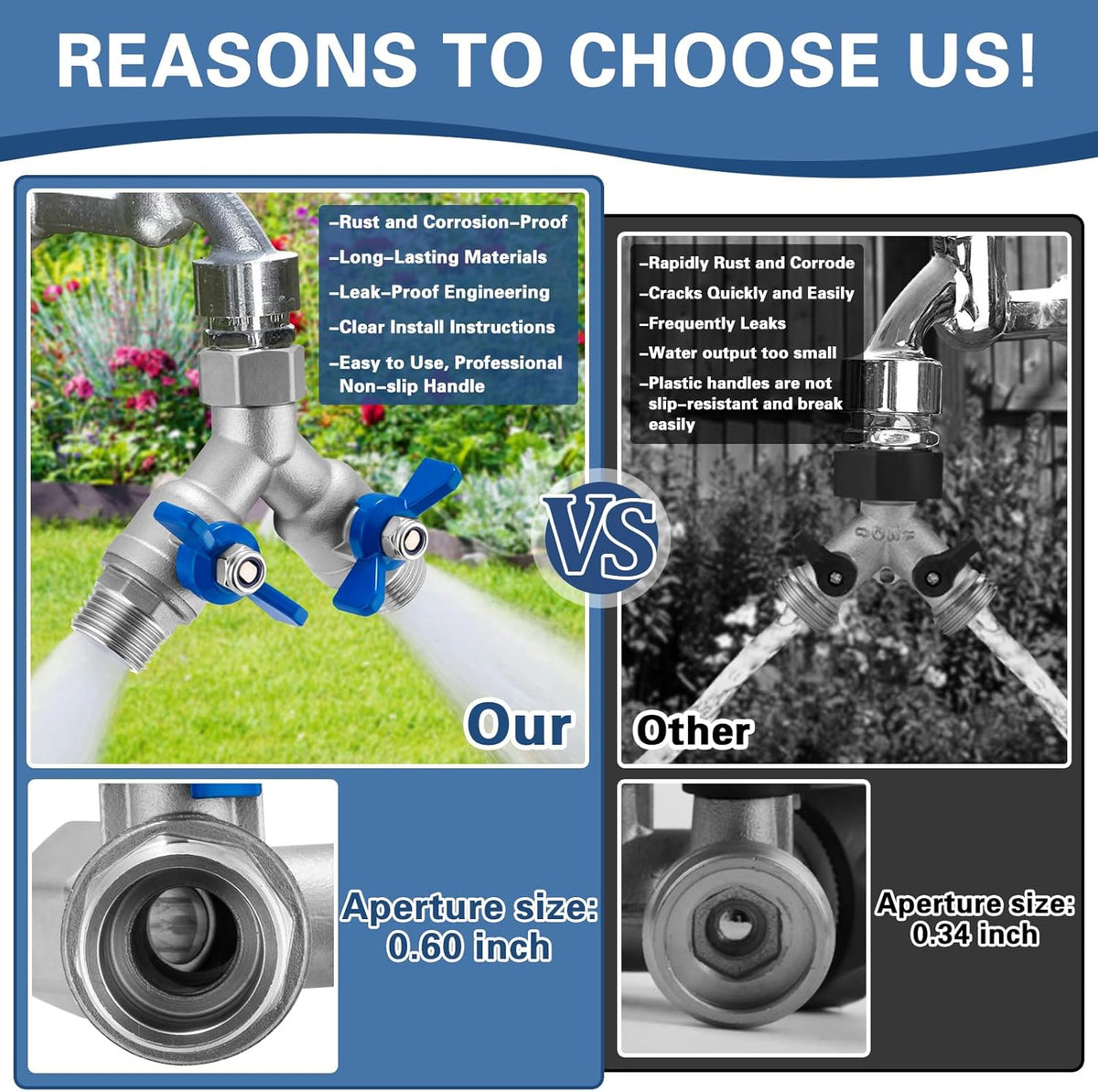 304 Stainless Steel 3 Way Garden Hose Splitter, Heavy Duty Hose Splitter with 3 Shut-Off Valves, 3/4" GHT Outdoor Faucet Hose Adapter, Full Flow Water Hose Connector