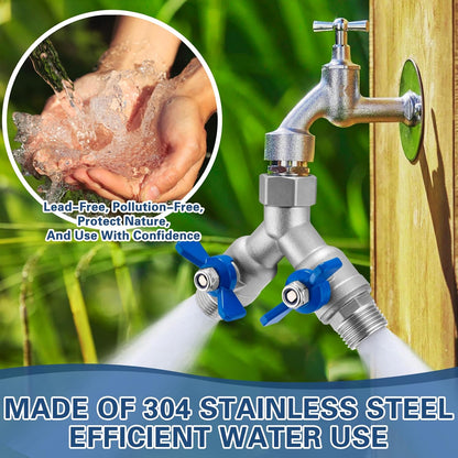 304 Stainless Steel 3 Way Garden Hose Splitter, Heavy Duty Hose Splitter with 3 Shut-Off Valves, 3/4" GHT Outdoor Faucet Hose Adapter, Full Flow Water Hose Connector