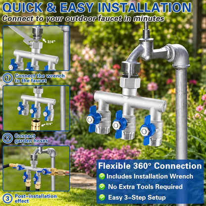304 Stainless Steel 3 Way Garden Hose Splitter, Heavy Duty Hose Splitter with 3 Shut-Off Valves, 3/4" GHT Outdoor Faucet Hose Adapter, Full Flow Water Hose Connector