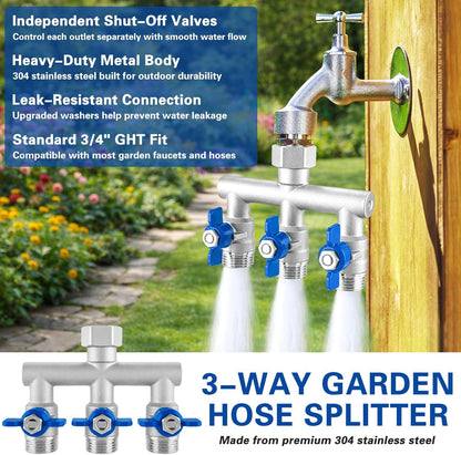 304 Stainless Steel 3 Way Garden Hose Splitter, Heavy Duty Hose Splitter with 3 Shut-Off Valves, 3/4" GHT Outdoor Faucet Hose Adapter, Full Flow Water Hose Connector