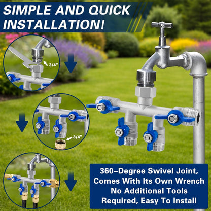 304 Stainless Steel 3 Way Garden Hose Splitter, Heavy Duty Hose Splitter with 3 Shut-Off Valves, 3/4" GHT Outdoor Faucet Hose Adapter, Full Flow Water Hose Connector