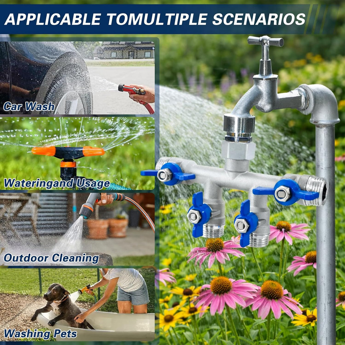 304 Stainless Steel 3 Way Garden Hose Splitter, Heavy Duty Hose Splitter with 3 Shut-Off Valves, 3/4" GHT Outdoor Faucet Hose Adapter, Full Flow Water Hose Connector