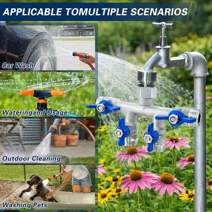 304 Stainless Steel 3 Way Garden Hose Splitter, Heavy Duty Hose Splitter with 3 Shut-Off Valves, 3/4" GHT Outdoor Faucet Hose Adapter, Full Flow Water Hose Connector