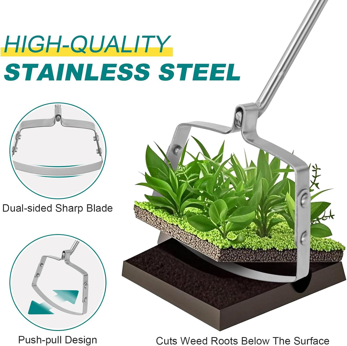 Hula Weeding Hoe, 17.3'' Stainless Steel Stirrup Hoe Wood Grip