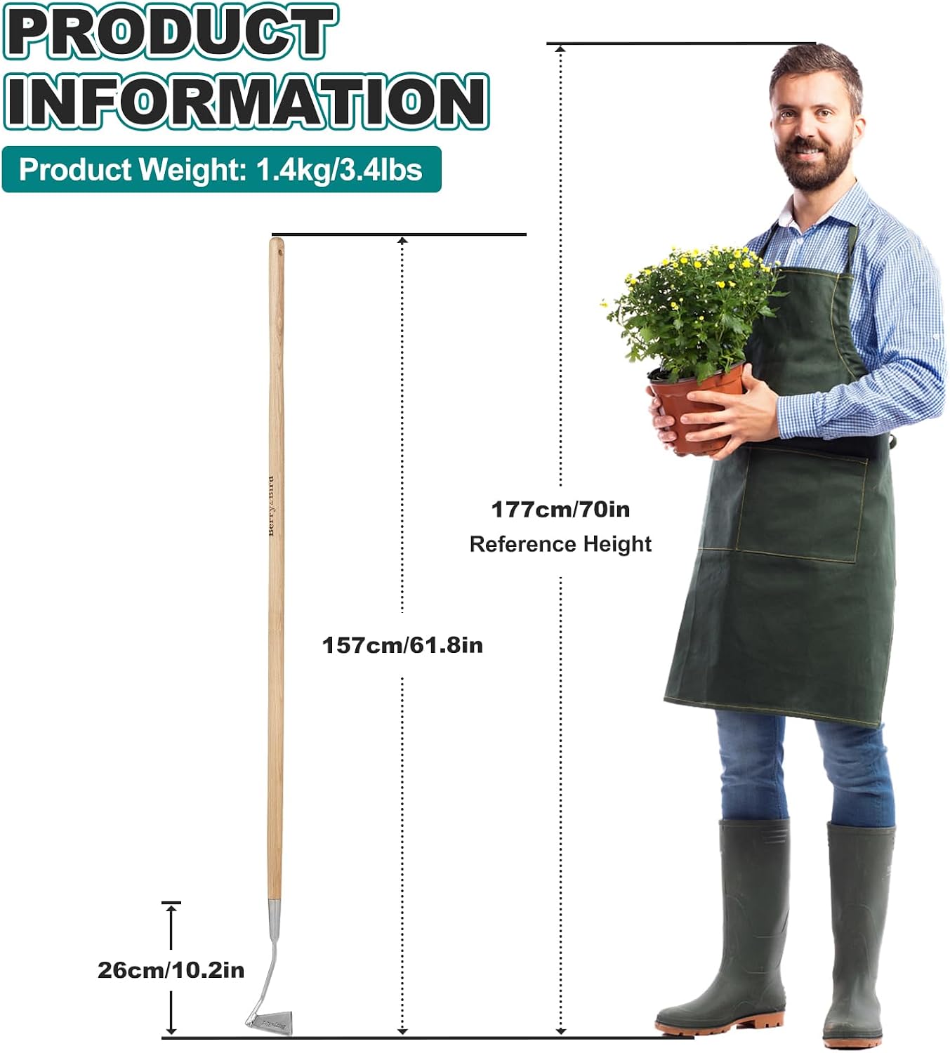 Hula Weeding Hoe, 17.3'' Stainless Steel Stirrup Hoe Wood Grip