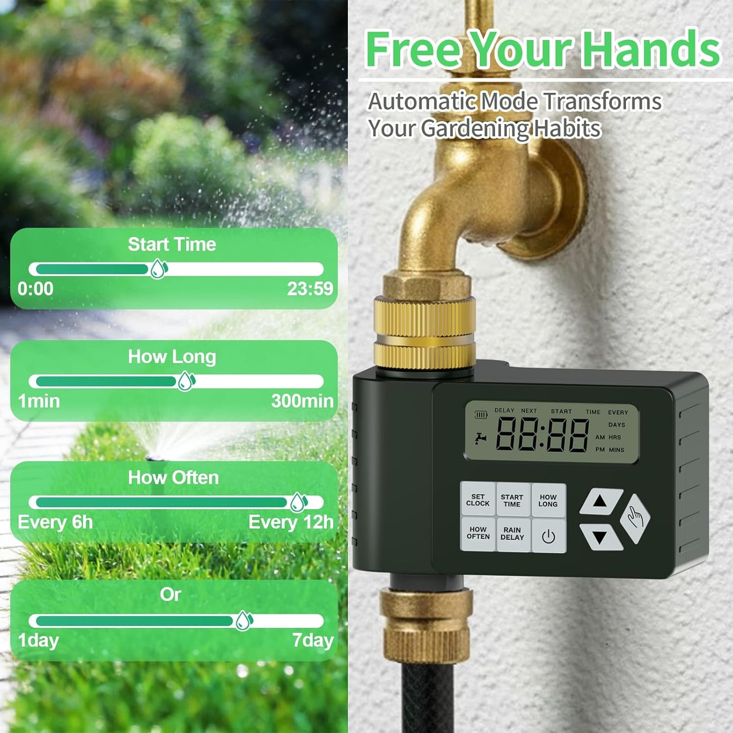 Hose Faucet Water Timer for Outdoor Garden with Brass Inlet, Ortis Programmable Sprinkler Timer with Rain Delay/Manual/Automatic Mode, IP67 Leak-Proof Design for Lawn Yard, 1 Outlet