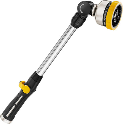 16-Inch Metal Watering Wand, Heavy Duty Garden Hose Wand with 9 Spray Patterns, 180° Rotating Long Hose Nozzle Sprayer Thumb Flow Control, Ideal to Water Hanging Baskets and Shrubs - Yellow