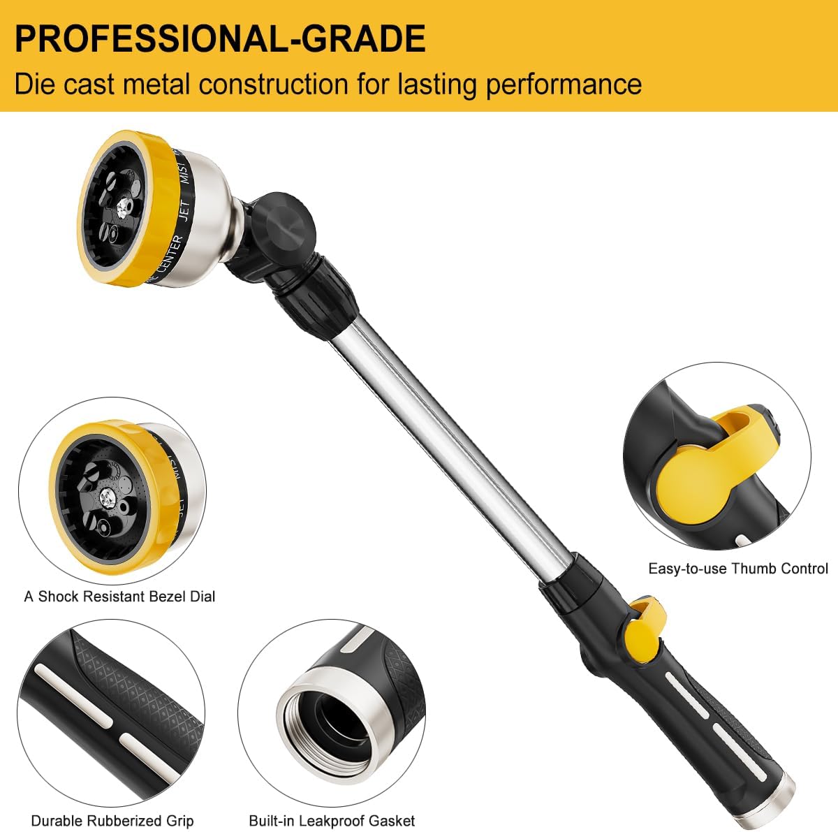 16-Inch Metal Watering Wand, Heavy Duty Garden Hose Wand with 9 Spray Patterns, 180° Rotating Long Hose Nozzle Sprayer Thumb Flow Control, Ideal to Water Hanging Baskets and Shrubs - Yellow