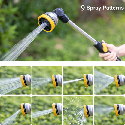 16-Inch Metal Watering Wand, Heavy Duty Garden Hose Wand with 9 Spray Patterns, 180° Rotating Long Hose Nozzle Sprayer Thumb Flow Control, Ideal to Water Hanging Baskets and Shrubs - Yellow