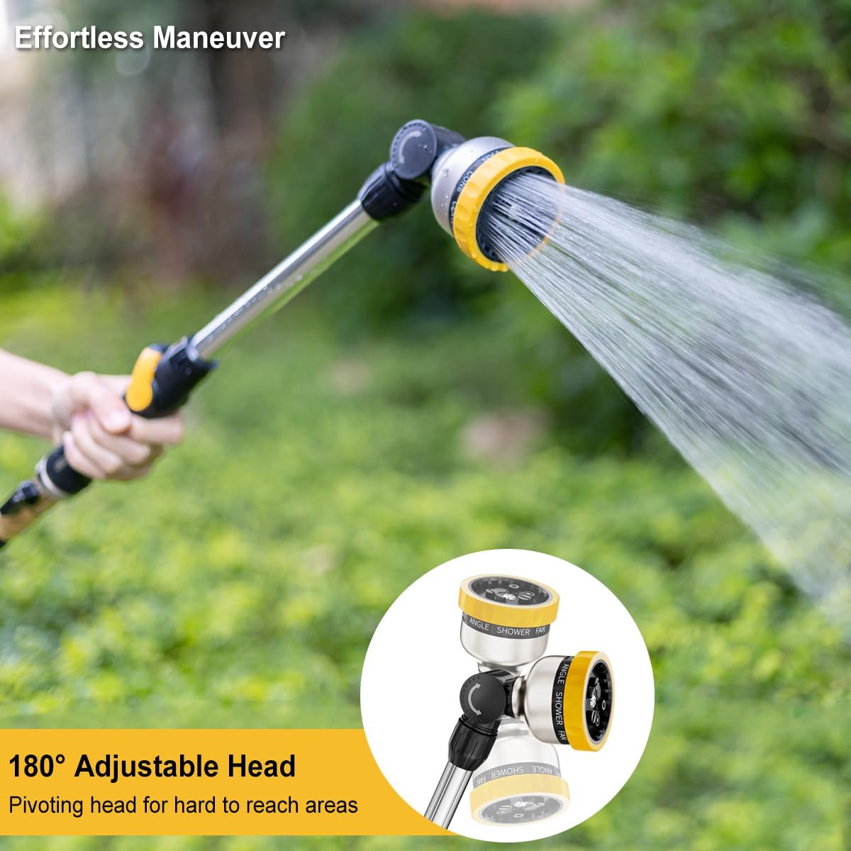 16-Inch Metal Watering Wand, Heavy Duty Garden Hose Wand with 9 Spray Patterns, 180° Rotating Long Hose Nozzle Sprayer Thumb Flow Control, Ideal to Water Hanging Baskets and Shrubs - Yellow