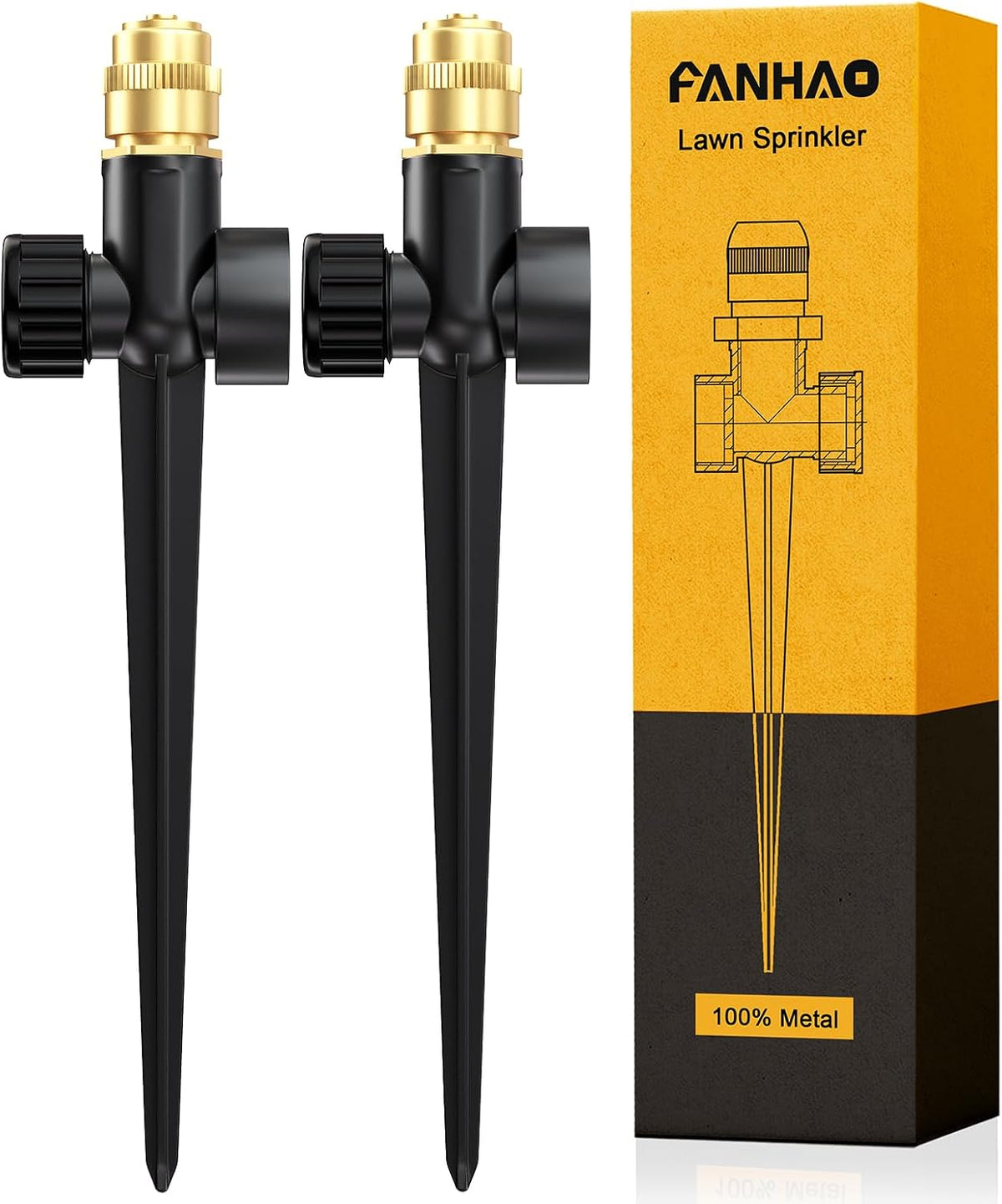 Metal Lawn Sprinkler for Yard, 2 Pack Automatic Garden Water Sprinkler on Spike Base, Adjustable Brass Sprinkler Nozzle 360 Degree Large Area Coverage for Lawn Grass Patio Garden Irrigation
