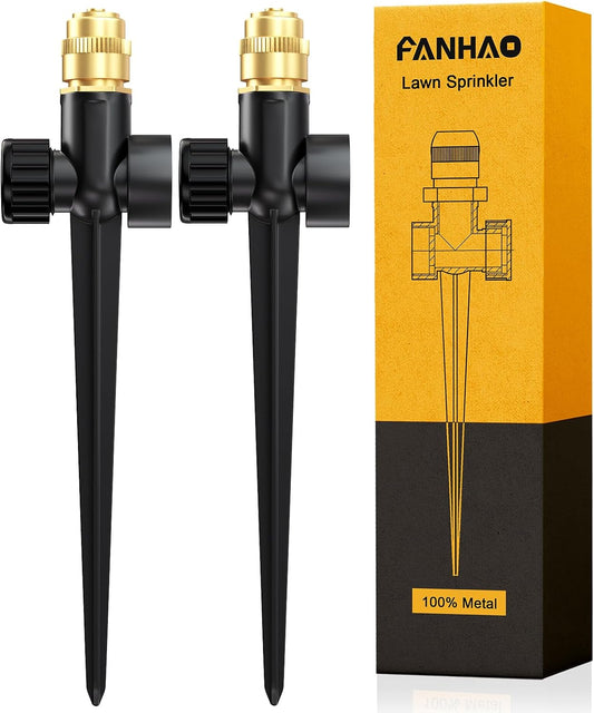 Metal Lawn Sprinkler for Yard, 2 Pack Automatic Garden Water Sprinkler on Spike Base, Adjustable Brass Sprinkler Nozzle 360 Degree Large Area Coverage for Lawn Grass Patio Garden Irrigation