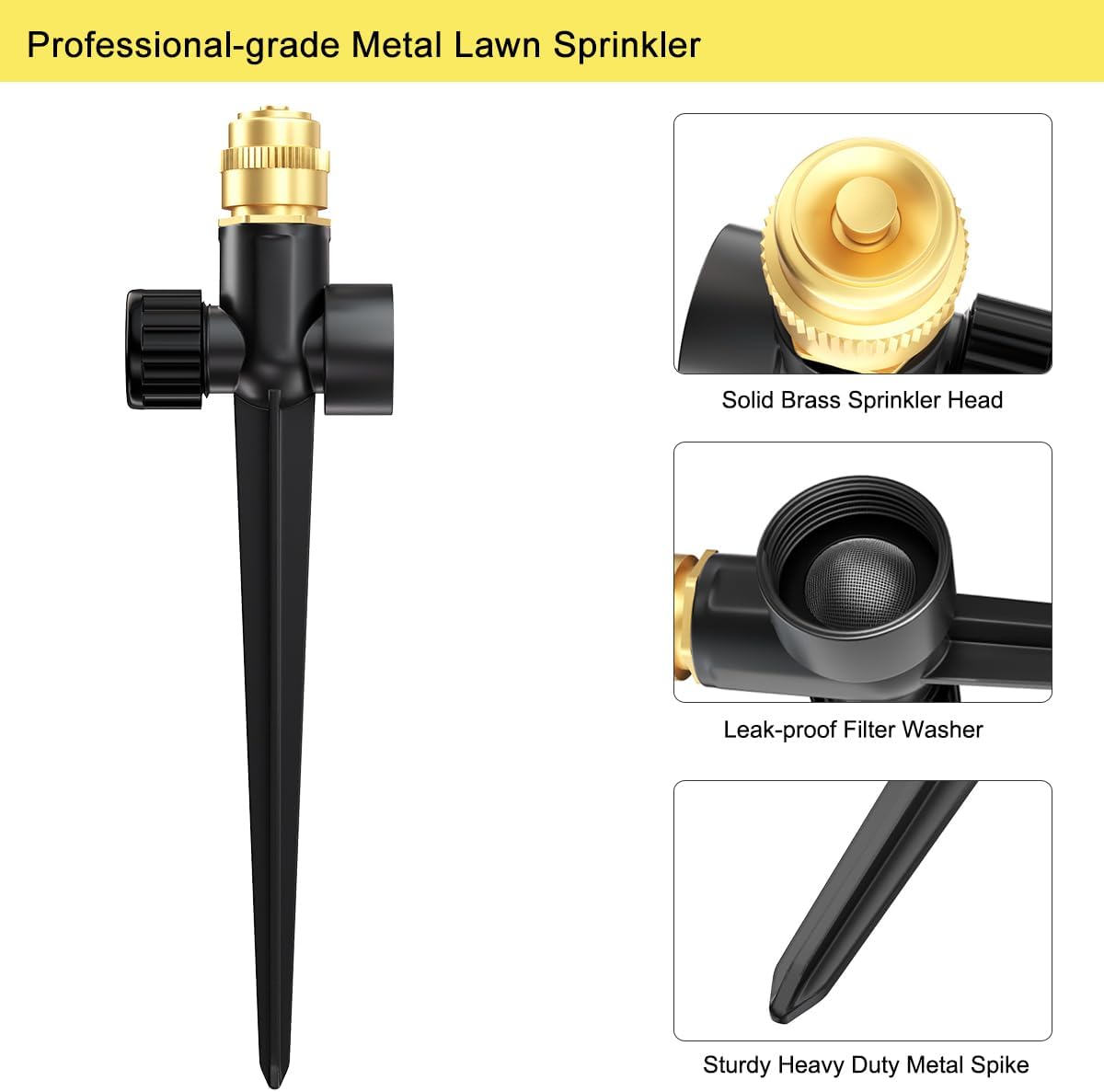 Metal Lawn Sprinkler for Yard, 2 Pack Automatic Garden Water Sprinkler on Spike Base, Adjustable Brass Sprinkler Nozzle 360 Degree Large Area Coverage for Lawn Grass Patio Garden Irrigation
