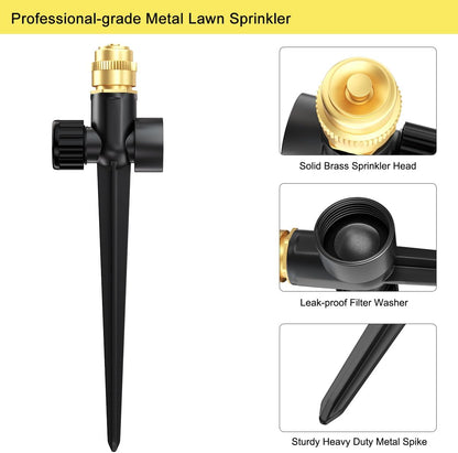 Metal Lawn Sprinkler for Yard, 2 Pack Automatic Garden Water Sprinkler on Spike Base, Adjustable Brass Sprinkler Nozzle 360 Degree Large Area Coverage for Lawn Grass Patio Garden Irrigation